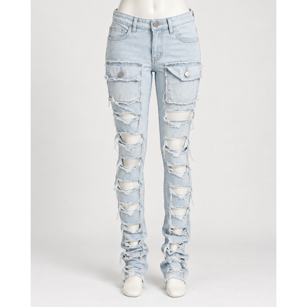 American Bazi Light Wash Distressed Cargo Skinny Jeans RJH-21028 Small